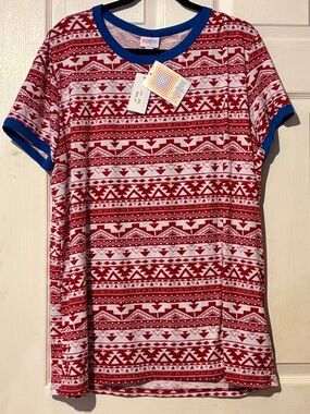 LuLaRoe Red and White Geometric Tee with Blue Trim